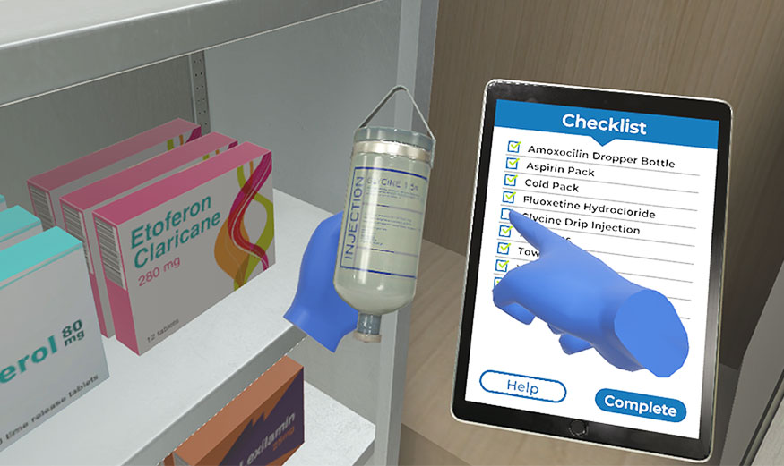 VR screenshot of user marking medical items off a checklist