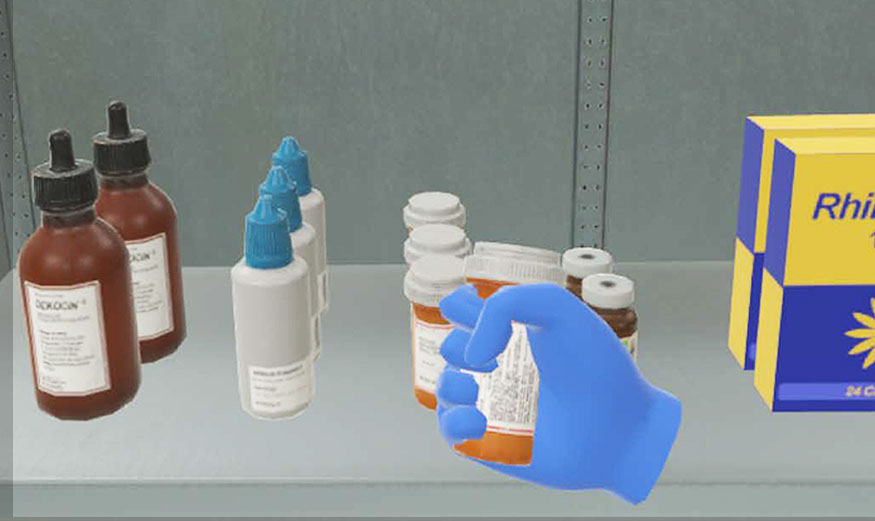 VR screenshot of user picking up medicine bottles